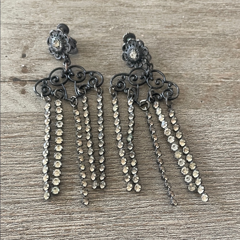 Vintage Black Medal & Gem Tone Chandelier Earrings, non-pierced Screw Back